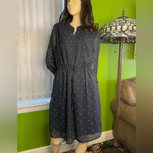 NWT Alfred Sung Navy Blue Drawstring Waist Long Sleeve Dress L